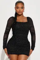Rhinestone Mesh Mini Dress - Light Blue & Black, Square Neck, Long Sleeves, Ruched & Stretchy (33 Length)(Black,XS)
