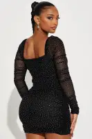 Rhinestone Mesh Mini Dress - Light Blue & Black, Square Neck, Long Sleeves, Ruched & Stretchy (33 Length)(Black,XS)