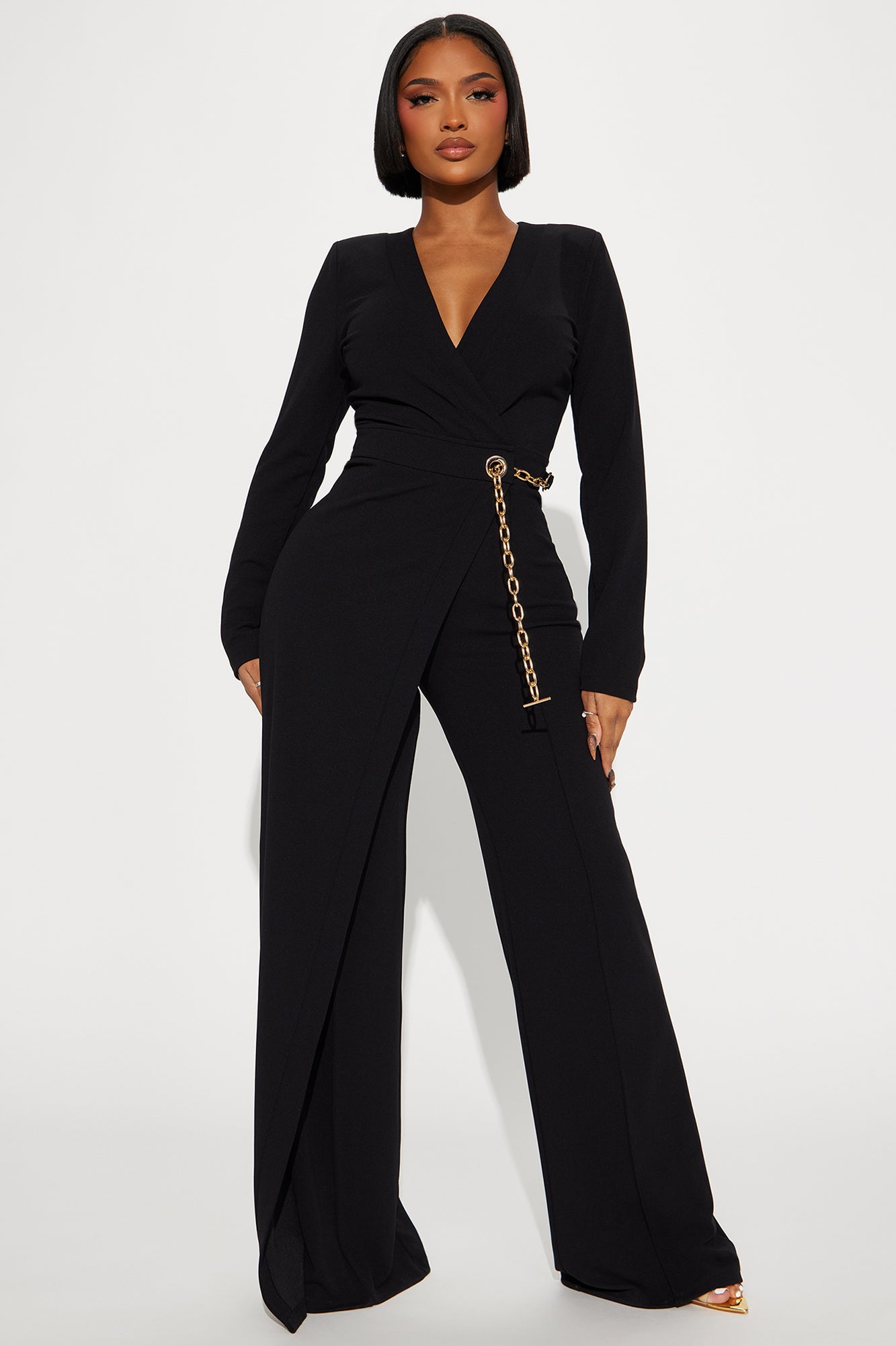 Surplice Neck Long Sleeve Chain Drape Detail Wide Leg Hidden Zipper Jumpsuit