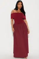 Elegant Off-Shoulder Pleated Maxi Dress - Black & Burgundy - 95% Cotton, 5% Spandex