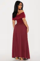 Elegant Off-Shoulder Pleated Maxi Dress - Black & Burgundy - 95% Cotton, 5% Spandex(Burgundy,XS)