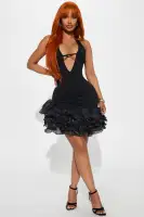 Sexy Halter Mini Dress - Deep V-Neck & Cut Out Design with Ruffle Hem - Black & Red(Black,XS)