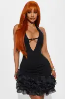 Sexy Halter Mini Dress - Deep V-Neck & Cut Out Design with Ruffle Hem - Black & Red