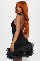 Sexy Halter Mini Dress - Deep V-Neck & Cut Out Design with Ruffle Hem - Black & Red(Black,XS)