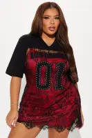 Sexy Studded Embroidered Lace Mini Dress - V-Neck, Sheer with Lining (Black/Red)(Black/Red,XS)