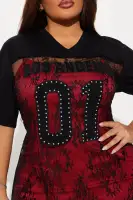 Sexy Studded Embroidered Lace Mini Dress - V-Neck, Sheer with Lining (Black/Red)(Black/Red,XS)