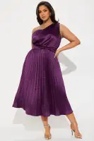Elegant Plum Pleated Satin Midi Dress – One Shoulder Sleeveless with Draped Detail & Side Zipper(Plum,XS)