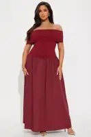 Elegant Off-Shoulder Pleated Maxi Dress - Black & Burgundy - 95% Cotton, 5% Spandex(Burgundy,XS)