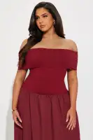 Elegant Off-Shoulder Pleated Maxi Dress - Black & Burgundy - 95% Cotton, 5% Spandex(Burgundy,XS)