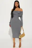 Off-Shoulder Sweater Midi Dress - Charcoal, Long Sleeves & Stretch Fit