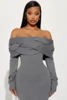 Off-Shoulder Sweater Midi Dress - Charcoal, Long Sleeves & Stretch Fit(Charcoal,XS)