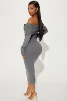 Off-Shoulder Sweater Midi Dress - Charcoal, Long Sleeves & Stretch Fit(Charcoal,XS)