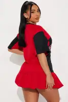 Stylish Red/Black Jersey Bubble Mini Dress - V-Neck, Short Sleeves & Stretchy Fit(Red/Black,XS)