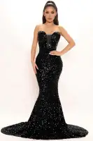 Elegant Black Sequin Strapless Maxi Dress with Train & Mesh Cut-Out Details