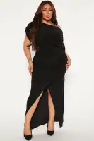 Elegant Off-Shoulder Maxi Dress with Tulip Hem - Black, Burgundy, Hunter(Black,XS)