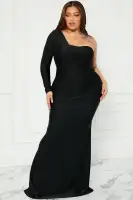 Elegant One Shoulder Long Sleeve Maxi Dress - Ruched Detail & Hidden Zipper (Purple/Black)(Black,XS)