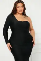 Elegant One Shoulder Long Sleeve Maxi Dress - Ruched Detail & Hidden Zipper (Purple/Black)(Black,XS)