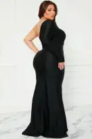 Elegant One Shoulder Long Sleeve Maxi Dress - Ruched Detail & Hidden Zipper (Purple/Black)(Black,XS)