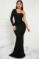 Elegant One Shoulder Long Sleeve Maxi Dress - Ruched Detail & Hidden Zipper (Purple/Black)