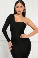 Elegant One Shoulder Long Sleeve Maxi Dress - Ruched Detail & Hidden Zipper (Purple/Black)(Black,XS)