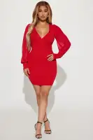 Elegant Chiffon Sweater Mini Dress - V-Neck Long Sleeves in Black & Red(Red,S)
