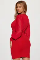 Elegant Chiffon Sweater Mini Dress - V-Neck Long Sleeves in Black & Red(Red,S)