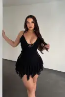 Sexy Black Mesh Mini Dress with Lace Trim & Adjustable Straps - Deep V-Neck & Side Slits(Black,XS)
