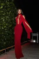 Sexy Red Halter Maxi Dress with Mesh Top & Back Slit – Backless & Stretchy
