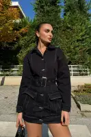 Black Denim Mini Dress with Collar, Long Sleeves & Cargo Pockets – 97% Cotton, 3% Spandex(Black,XS)