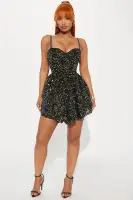 Sparkling Black Sequin Mini Dress with Sweetheart Neckline & Built-in Shorts
