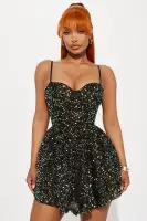 Sparkling Black Sequin Mini Dress with Sweetheart Neckline & Built-in Shorts(Black,XS)