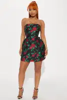Floral Mini Dress with Lace-Up Back & Bow Detail - Strapless Black/Red Polyester Party Dress(Black/Red,XS)