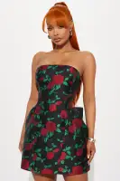 Floral Mini Dress with Lace-Up Back & Bow Detail - Strapless Black/Red Polyester Party Dress
