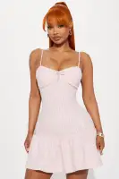 Chic Pink Tweed Mini Dress with V-Neck, Adjustable Straps & Ruffled Hem – Elegant Drop Waist Design(Pink,XS)