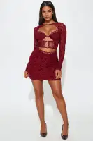 Velvet Burnout Mesh Mini Dress with Sweetheart Neckline & Lace Trim – Black & Burgundy