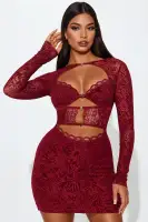 Velvet Burnout Mesh Mini Dress with Sweetheart Neckline & Lace Trim – Black & Burgundy(Burgundy,XS)