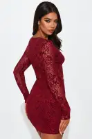 Velvet Burnout Mesh Mini Dress with Sweetheart Neckline & Lace Trim – Black & Burgundy(Burgundy,XS)
