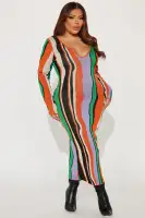 Elegant V-Neck Long Sleeve Maxi Dress with Stretch - Orange/Combo, Rayon-Nylon Blend(Orange/combo,XS)