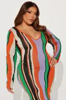 Elegant V-Neck Long Sleeve Maxi Dress with Stretch - Orange/Combo, Rayon-Nylon Blend(Orange/combo,XS)