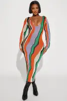 Elegant V-Neck Long Sleeve Maxi Dress with Stretch - Orange/Combo, Rayon-Nylon Blend