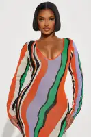 Elegant V-Neck Long Sleeve Maxi Dress with Stretch - Orange/Combo, Rayon-Nylon Blend(Orange/combo,XS)
