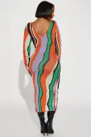 Elegant V-Neck Long Sleeve Maxi Dress with Stretch - Orange/Combo, Rayon-Nylon Blend(Orange/combo,XS)