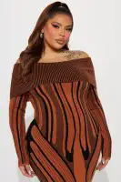 Off-Shoulder Long Sleeve Sweater Maxi Dress – Stretchy & Stylish in Rust/Combo(Rust/combo,XS)