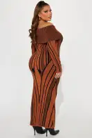 Off-Shoulder Long Sleeve Sweater Maxi Dress – Stretchy & Stylish in Rust/Combo(Rust/combo,XS)