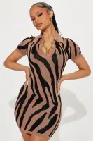 Chic Animal Print Sweater Mini Dress - Short Sleeve Collar Neckline (Taupe/Combo, Stretchy Rayon Blend)