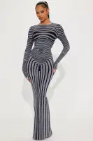 Stylish High Neck Long Sleeve Sweater Maxi Dress - Stretchy Bodycon with Heat Pattern (Lime & Grey Combo)