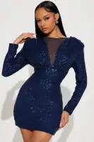 Sequin Mini Dress with Deep V-Neck & Shoulder Pads - Navy/Ivory Stretch Mesh Party Dress