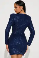 Sequin Mini Dress with Deep V-Neck & Shoulder Pads - Navy/Ivory Stretch Mesh Party Dress(Navy,XS)