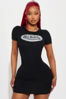 Von Dutch Graphic Logo Mini Dress - Black Distressed Bodycon with Scoop Neck & Short Sleeves (95% Cotton, 5% Spandex)