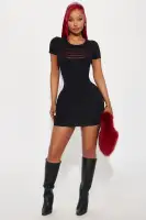 Von Dutch Rhinestone Logo Mini Dress - Black Bodycon Scoop Neck Short Sleeve (95% Cotton 5% Spandex)(Black,XS)